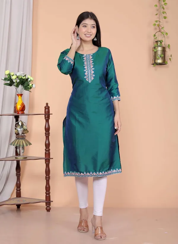 Green_Satin_Straight_Kurti_For_Women