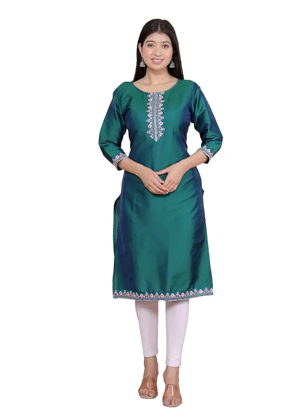 Green_Satin_Straight_Kurti_For_Women