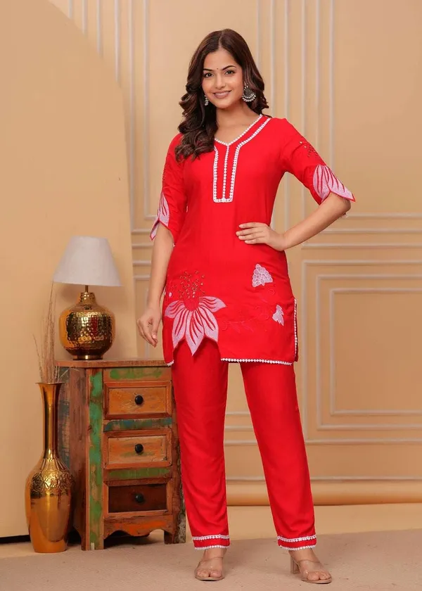 Red_Cotton__Polyester__Kurti_With_Pant_For_Women