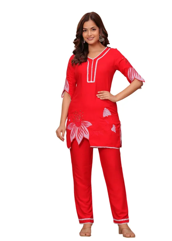 Red_Cotton__Polyester__Kurti_With_Pant_For_Women
