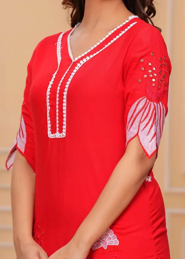 Red_Cotton__Polyester__Kurti_With_Pant_For_Women