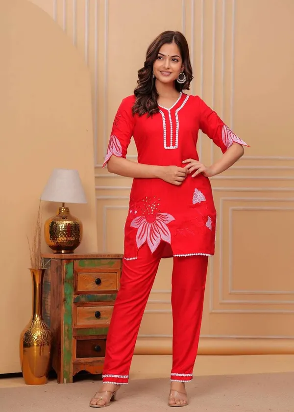 Red_Cotton__Polyester__Kurti_With_Pant_For_Women