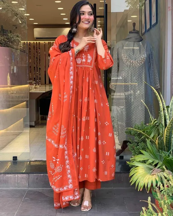 Orange_Cotton_Kurti_With_Pant_Set_For_Women