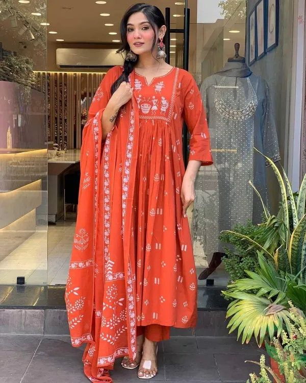 Orange_Cotton_Kurti_With_Pant_Set_For_Women