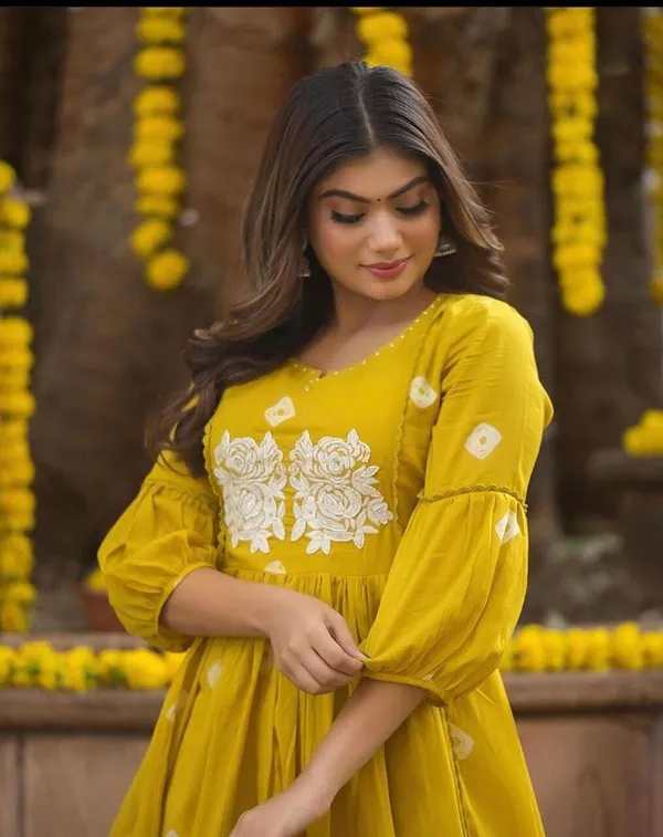 Yellow_Cotton_Polyester__Anarkali_Kurti_With_Pant_For_Women