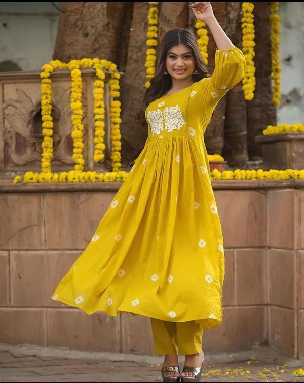 Yellow_Cotton_Polyester__Anarkali_Kurti_With_Pant_For_Women