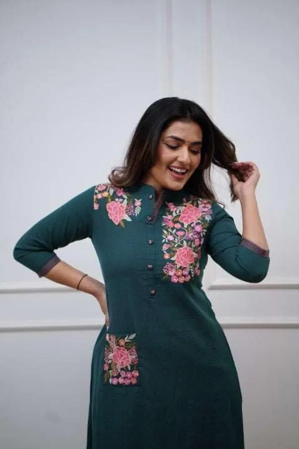 Teal_Blue_Cotton__Polyester_Straight_Kurti_With_Pant_For_Women