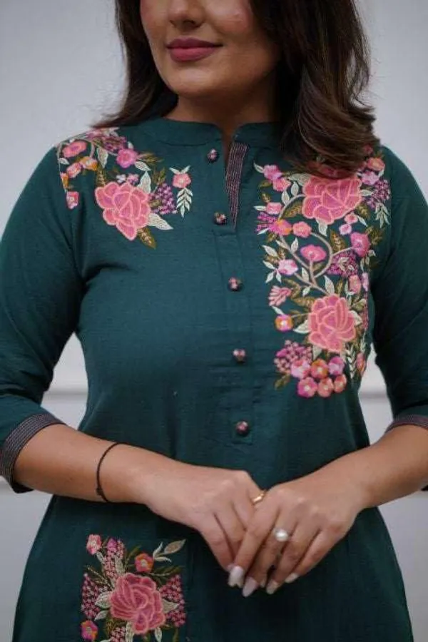 Teal_Blue_Cotton__Polyester_Straight_Kurti_With_Pant_For_Women