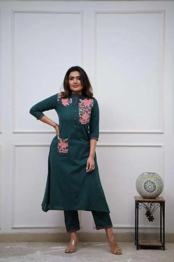 Teal_Blue_Cotton__Polyester_Straight_Kurti_With_Pant_For_Women