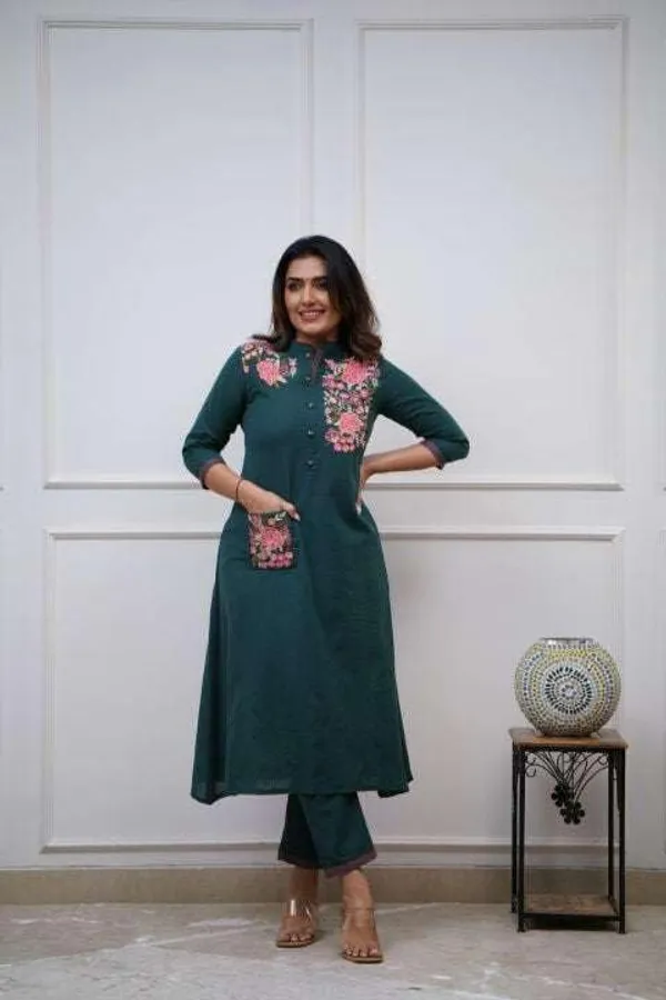 Teal_Blue_Cotton__Polyester_Straight_Kurti_With_Pant_For_Women