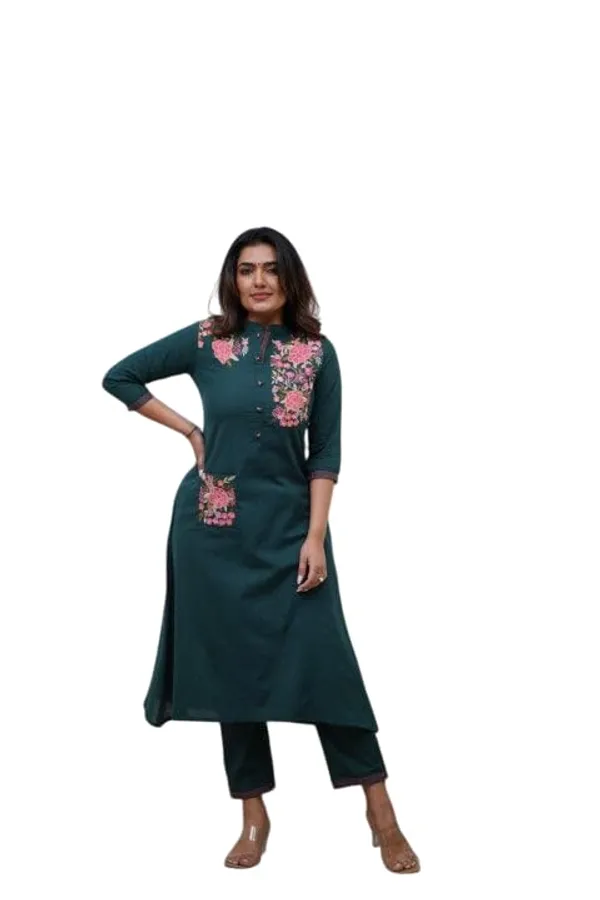 Teal_Blue_Cotton__Polyester_Straight_Kurti_With_Pant_For_Women