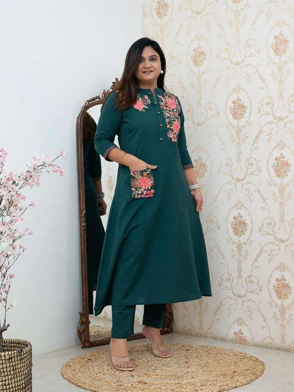 Teal_Blue_Cotton__Polyester_Straight_Kurti_With_Pant_For_Women