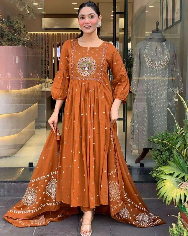 Orange_Cotton_Anarkali_Kurti_Set_For_Women