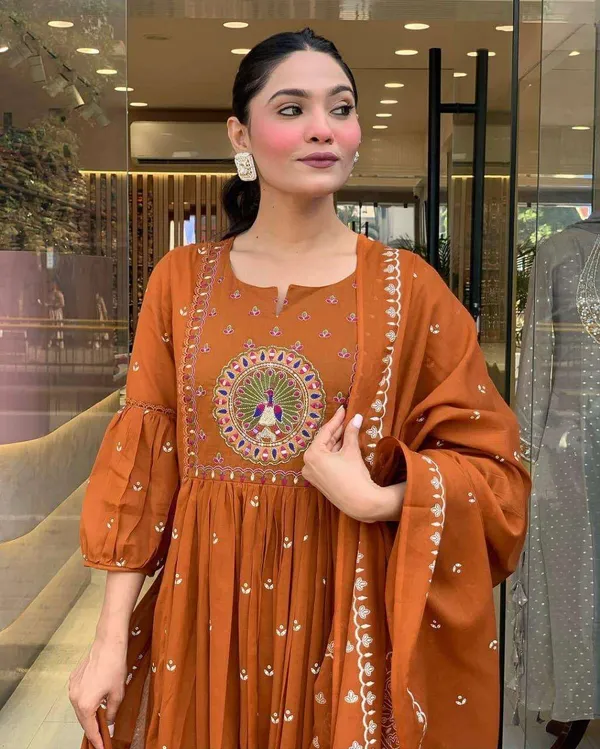 Orange_Cotton_Anarkali_Kurti_Set_For_Women