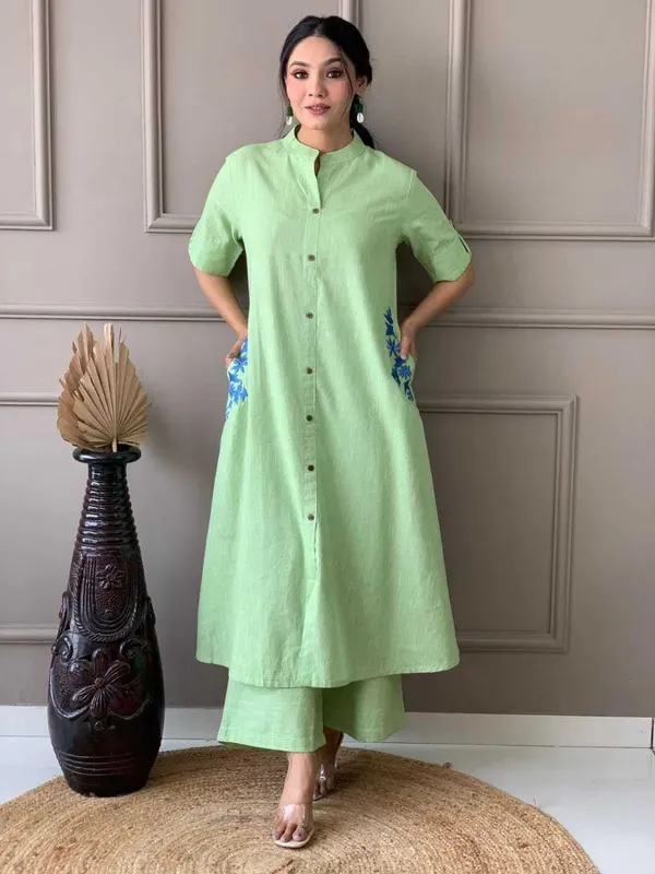 Mint_Green_Cotton_Polyester__Kurti_With_Palazzo_For_Women