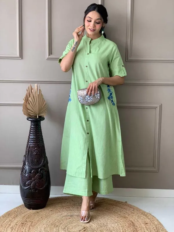 Mint_Green_Cotton_Polyester__Kurti_With_Palazzo_For_Women