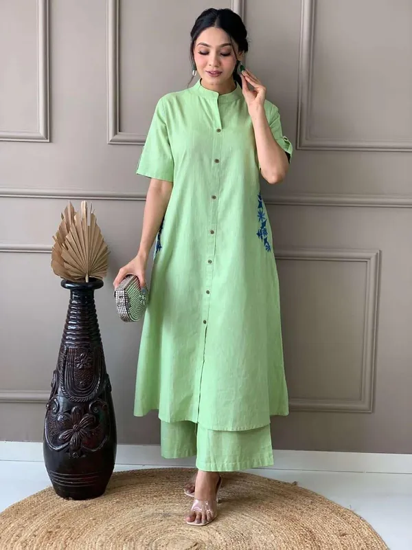 Mint_Green_Cotton_Polyester__Kurti_With_Palazzo_For_Women
