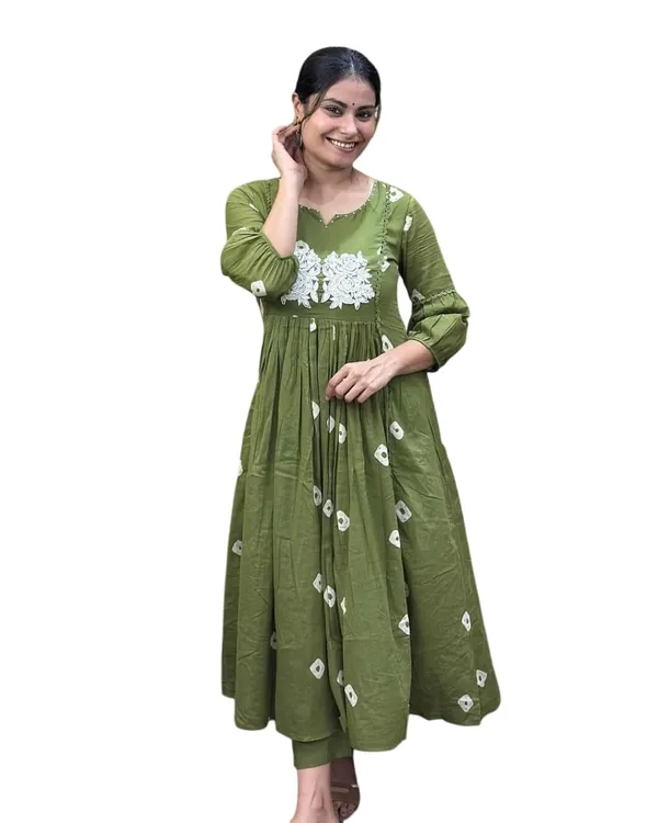 Mehndi_Cotton_Polyester_Anarkali_Kurti_With_Pant_For_Women