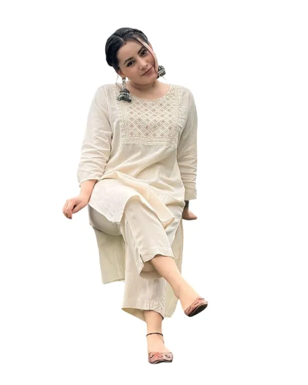Cream_Cotton__Polyester_Kurti_With_Pant_For_Women