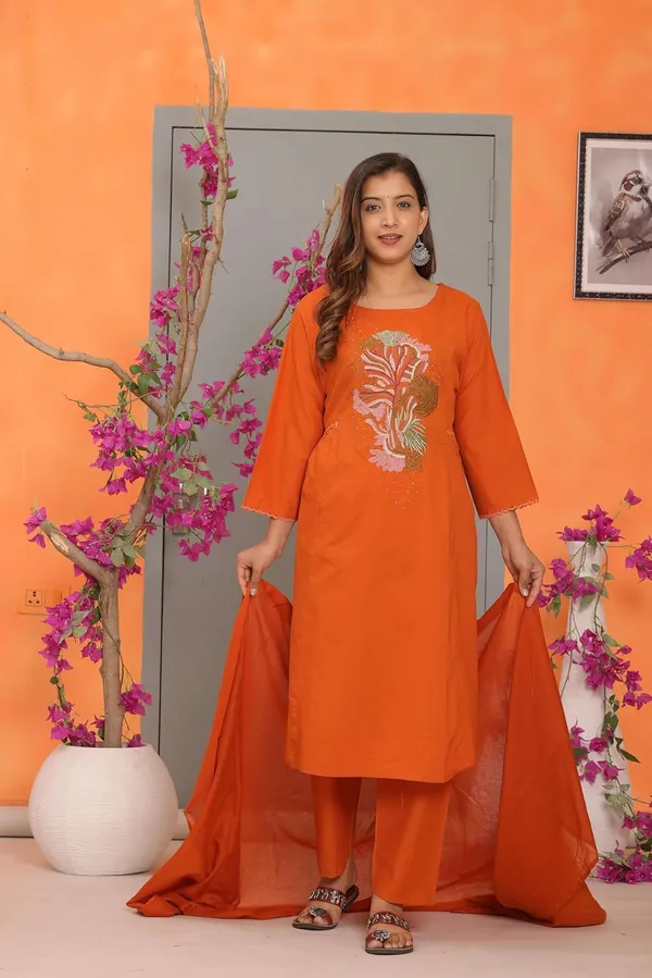 Orange_Cotton_Kurti_With_Pant_Set_For_Women