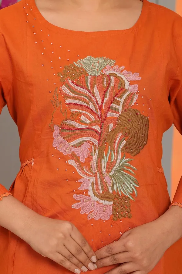 Orange_Cotton_Kurti_With_Pant_Set_For_Women