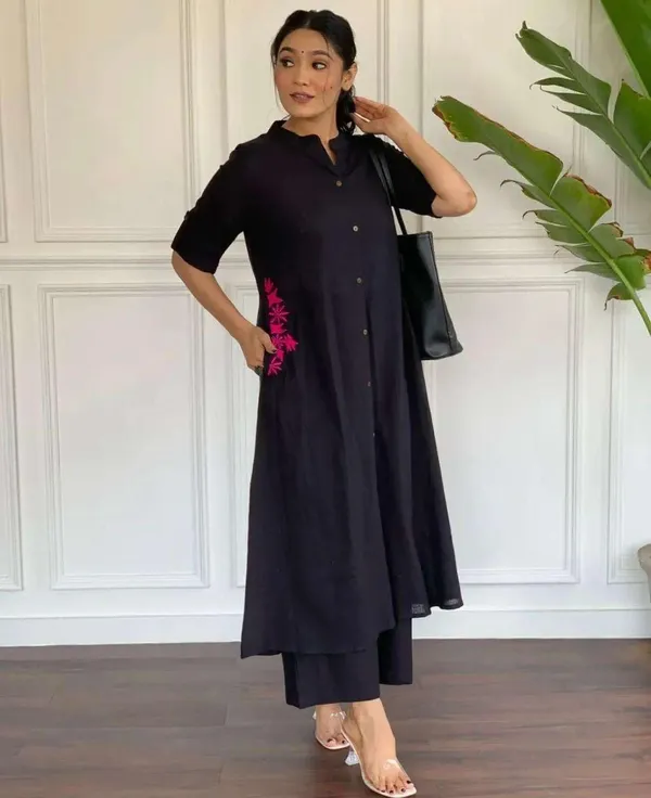 Black_Cotton__Polyester_Kurti_With_Palazzo_For_Women