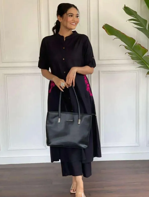 Black_Cotton__Polyester_Kurti_With_Palazzo_For_Women