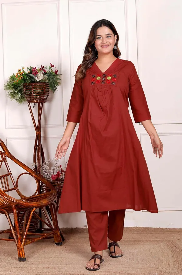 Maroon_Cotton_Anarkali_Kurti_With_Pant_For_Women