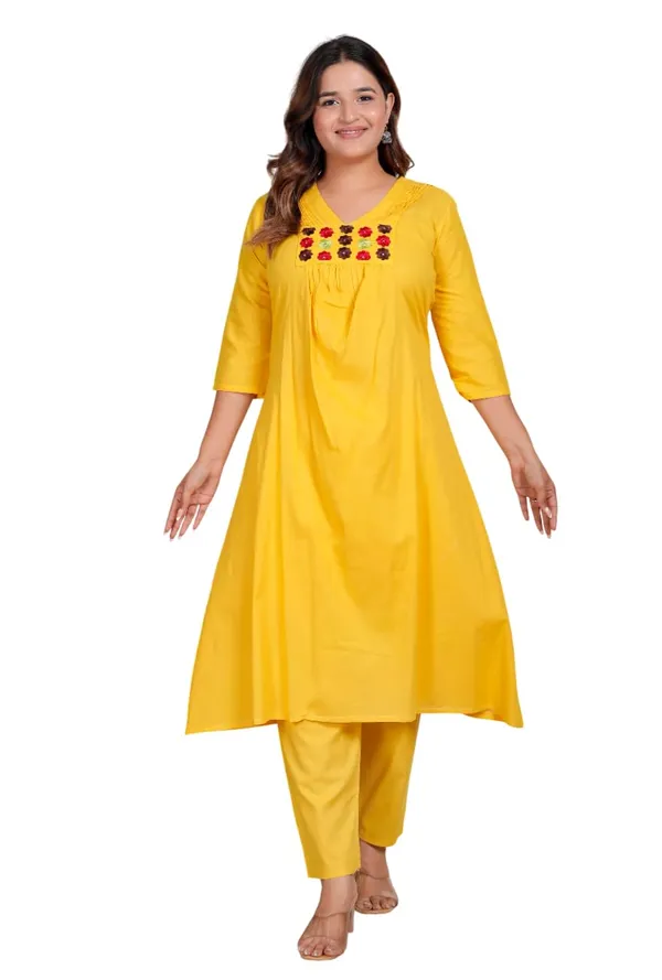 Yellow_Cotton_Anarkali_Kurti_With_Pant_For_Women