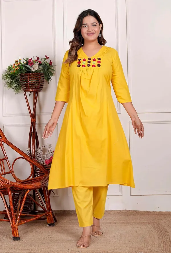 Yellow_Cotton_Anarkali_Kurti_With_Pant_For_Women