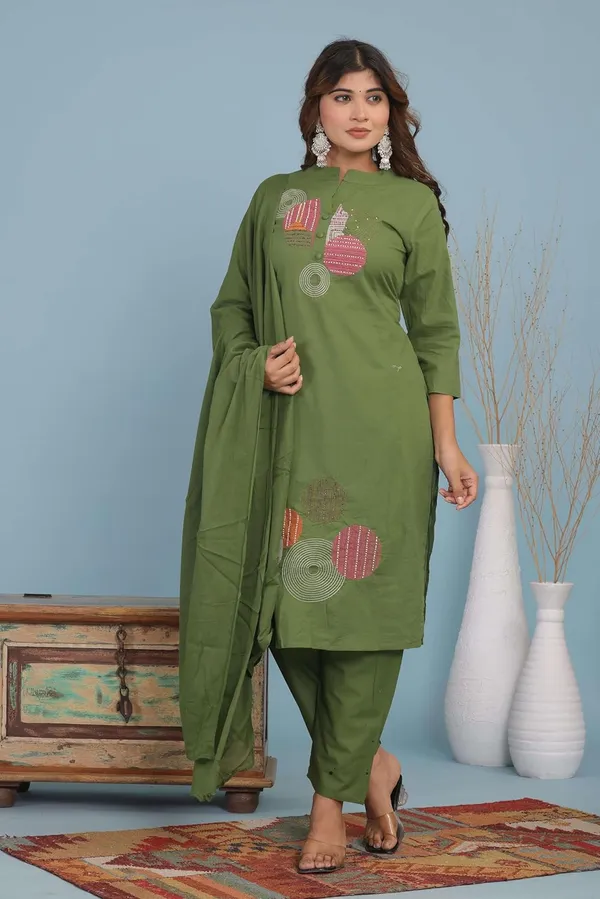Green_Cotton_Kurti_With_Pant_Set_For_Women