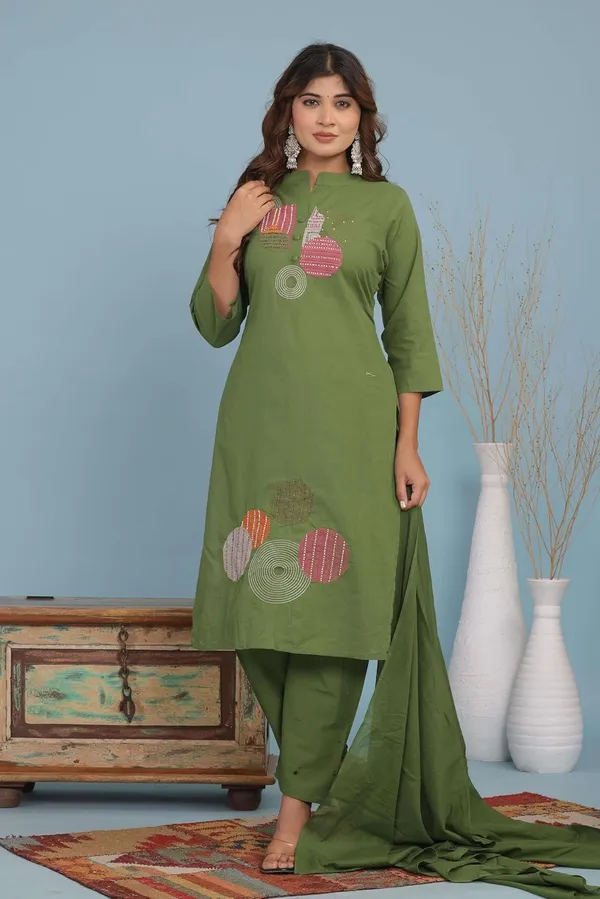Green_Cotton_Kurti_With_Pant_Set_For_Women