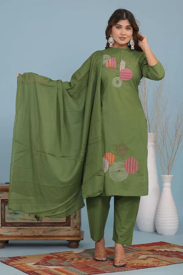Green_Cotton_Kurti_With_Pant_Set_For_Women