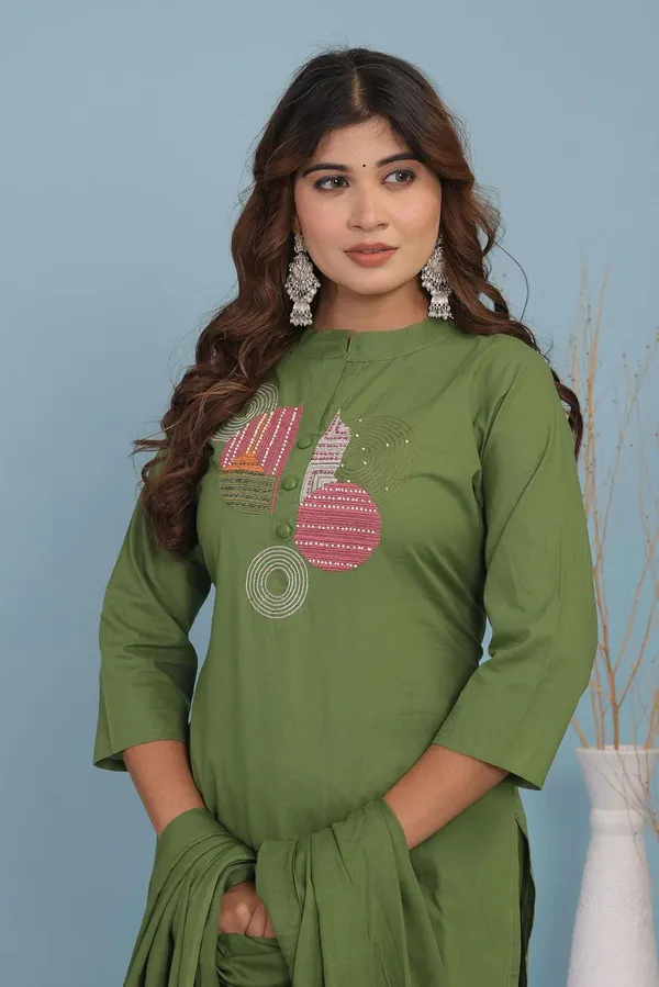 Green_Cotton_Kurti_With_Pant_Set_For_Women