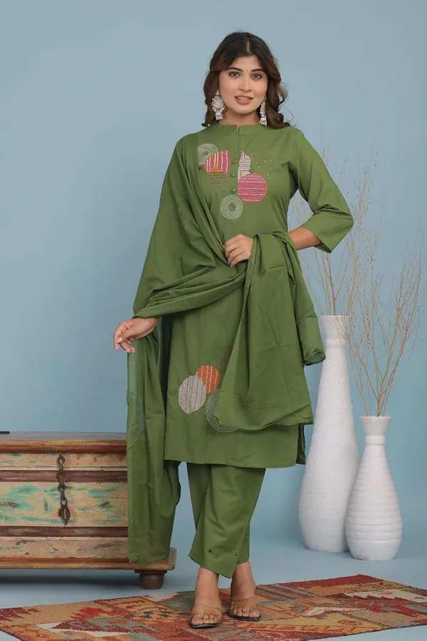 Green_Cotton_Kurti_With_Pant_Set_For_Women