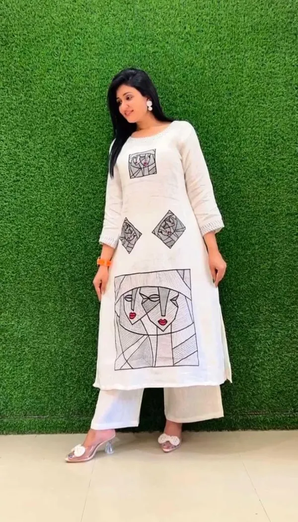 White_Cotton_Polyester_Straight_Kurti_With_Pant_For_Women