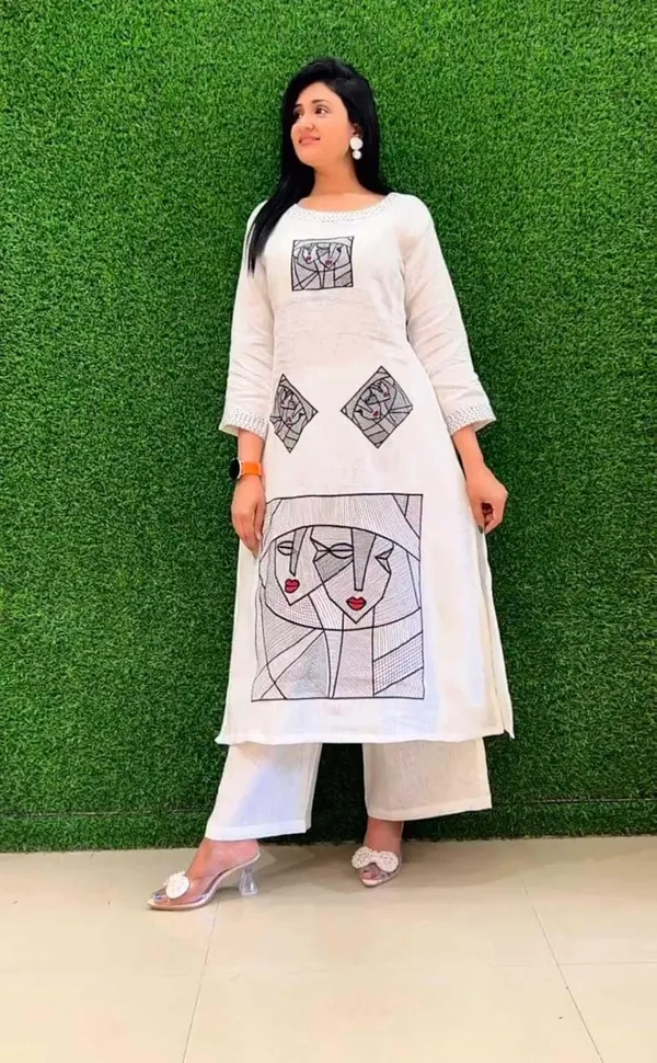 White_Cotton_Polyester_Straight_Kurti_With_Pant_For_Women