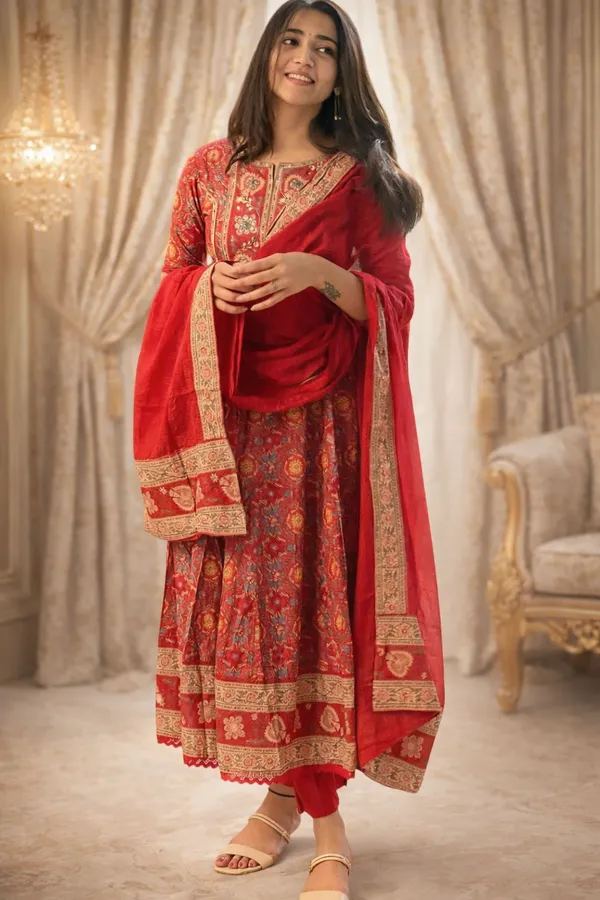 Red_Cotton__Polyester_Anarkali_Kurti_With_Pant_Set_For_Women