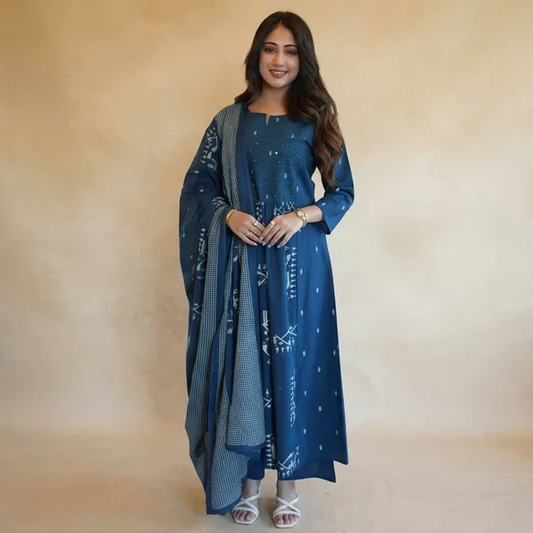 Blue_Cotton_Anarkali_Kurti_With_Pant_Set_For_Women
