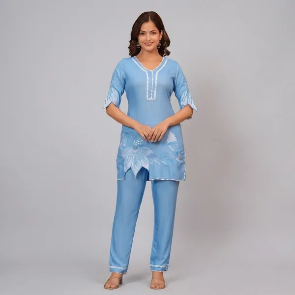 Sky_Blue_Cotton_Polyester__Kurti_With_Pant_For_Women