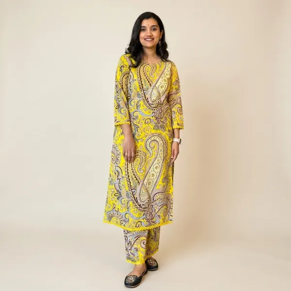 Yellow_Cotton__Polyester_Kurti_With_Pant_Co-Ord_Set_For_Women