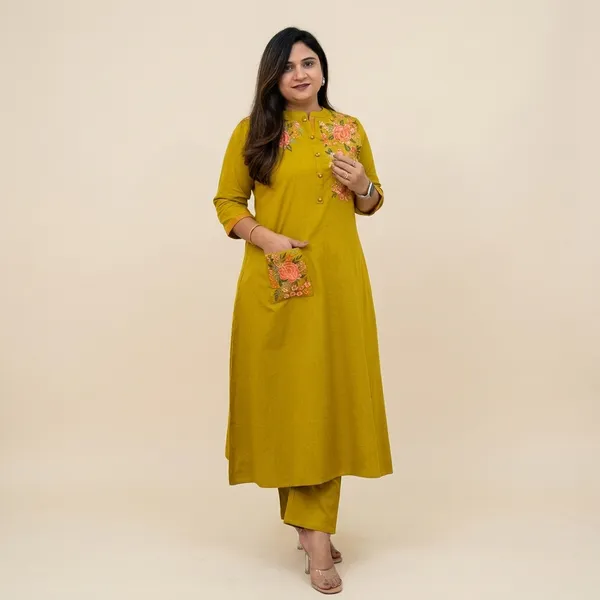 Yellow_Cotton__Polyester__Straight_Kurti_With_Pant_For_Women