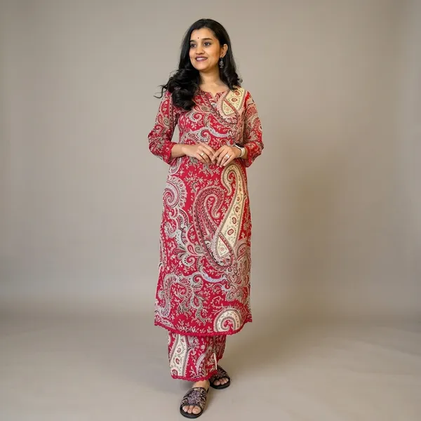 Red_Cotton__Polyester_Kurti_With_Pant_Set_For_Women