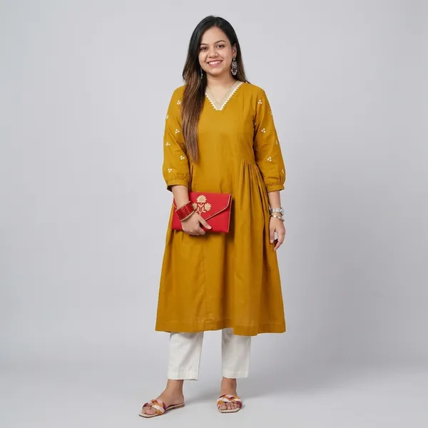 Yellow_Cotton_Polyester_Anarkali_Kurti_With_Pant_For_Women