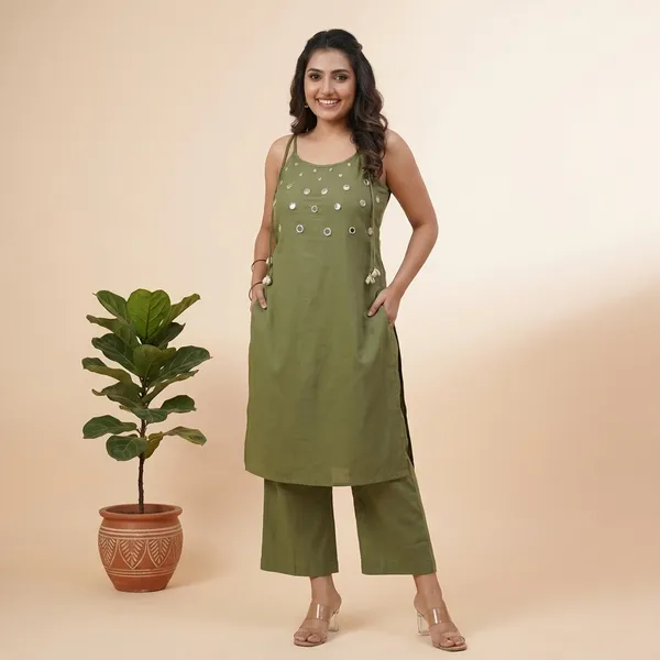 Green_Cotton_Kurti_With_Pant_Set_For_Women