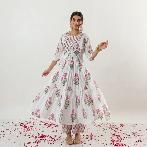 White_Cotton__Polyester__Anarkali_Kurti_With_Pant_For_Women