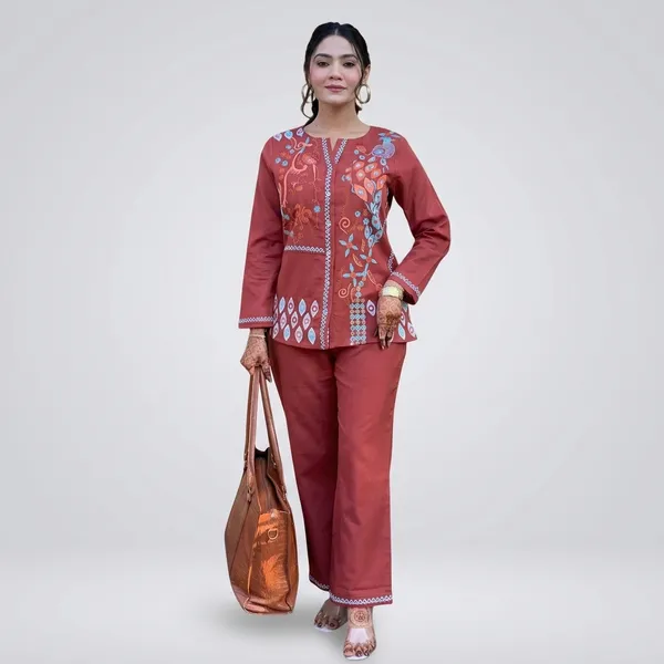 Maroon_Cotton_Kurti_With_Pant_Set_For_Women