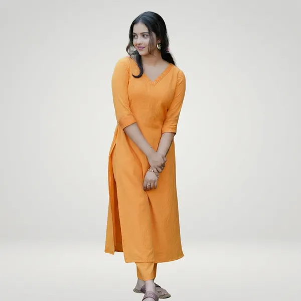Yellow_Cotton__Polyester_V-Neck_Kurti_With_Pant_For_Women