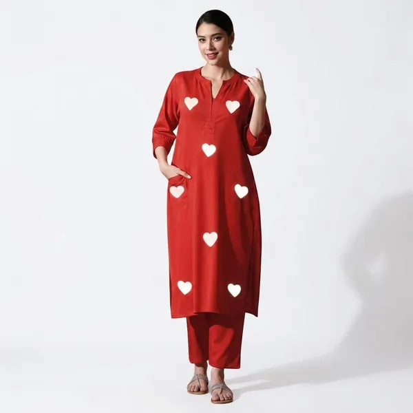 Red_Cotton_Kurti_With_Pant_Set_For_Women