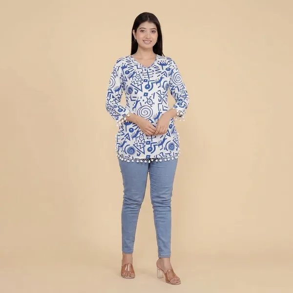 White__And_Blue_Cotton_Straight_Kurti_For_Women